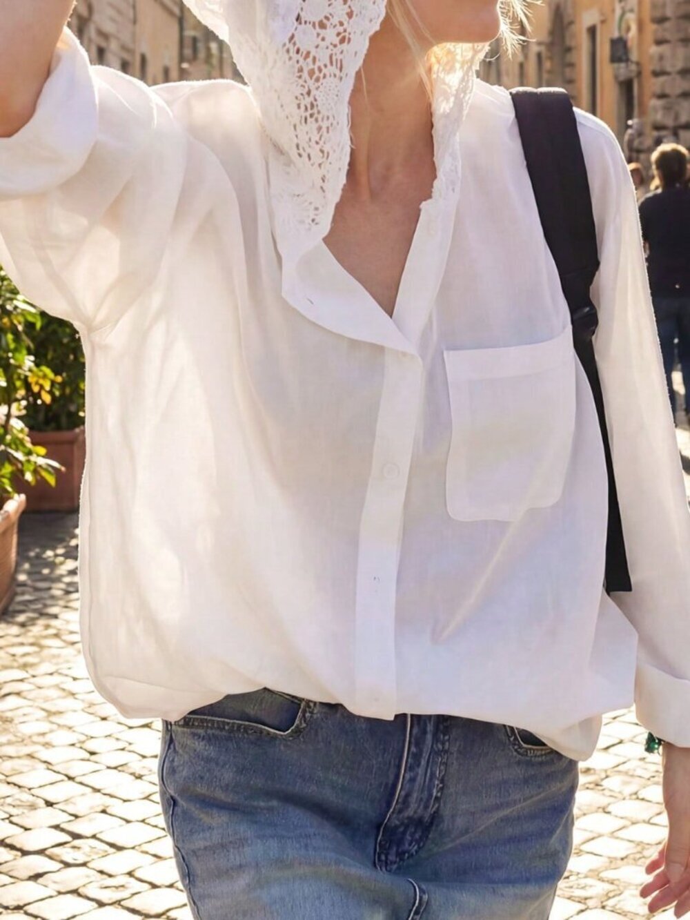 White Casual Women's French Hollow Crochet Blouse